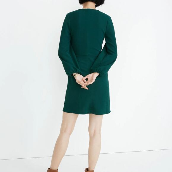 Madewell Faux Wrap Long-Sleeve Side-Tie Mini Stretch Dress Green Size XL - Picture 3 of 13